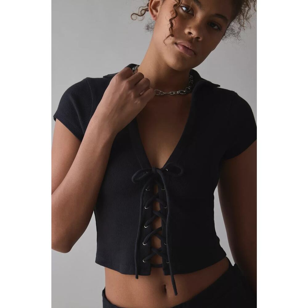 Urban Outfitters Black Cotton Blend Lace-Up Front Short Sleeve Top — Size XL